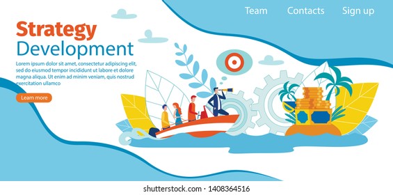 Inscription Strategy Development Landing Page. Working Team Sails in Same Boat and Discusses Direction Movement. Male Leader is Standing in Front with Telescope and Considering an Island with Coins.