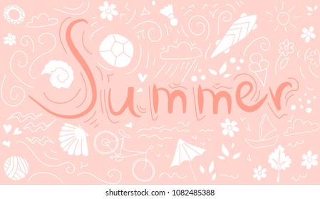 the inscription summer background pattern with Bicycle, ball, flourishes, skateboard, shells and flowers.