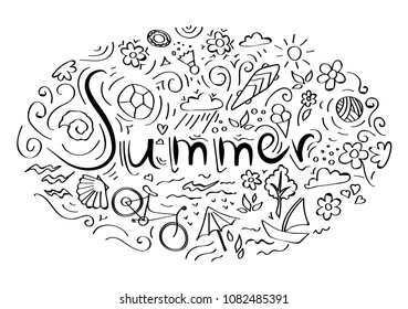 the inscription summer background pattern with Bicycle, ball, flourishes, skateboard, shells and flowers.
