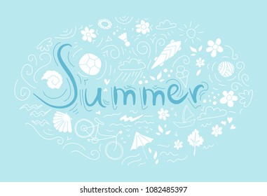 the inscription summer background pattern with Bicycle, ball, flourishes, skateboard, shells and flowers.