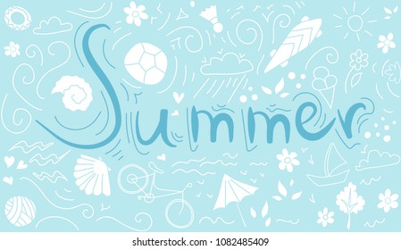 the inscription summer background pattern with Bicycle, ball, flourishes, skateboard, shells and flowers.