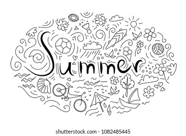 the inscription summer background pattern with Bicycle, ball, flourishes, skateboard, shells and flowers.