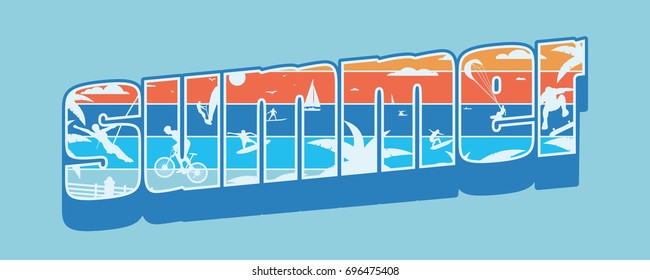 Inscription Summer with beach activity. T-shirt print. Flat simple vector illustration.
