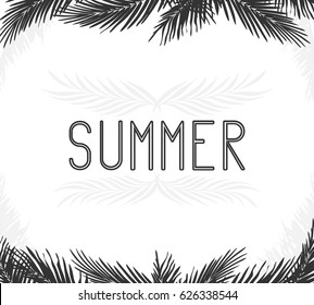 the inscription summer in the frame of the leaves of palm trees black white Doodle for logos and design