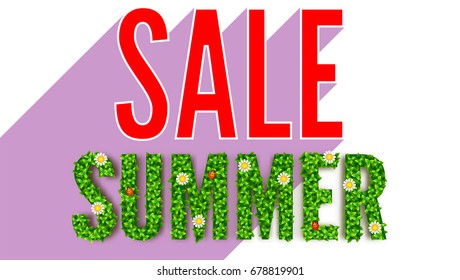 The inscription of summer green leaves of spring and summer flowers, ladybugs. Summer hot discounts. Selling ad banner. Text on green background of lawn, grass and sky with clouds. Eco-card on white.