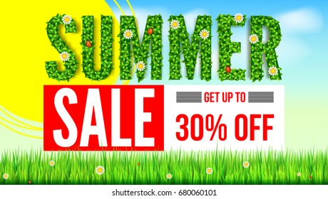 The inscription of summer green leaves of spring and summer flowers, ladybugs. Summer hot discounts. Selling ad banner. Text on green background of lawn, grass and sky with clouds. Eco-card.