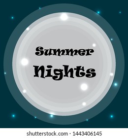 Inscription summer night on the background of the moon in the night sky, vector art illustration.