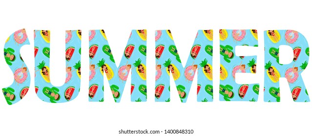 
inscription summer from objects; sea, rest, people relaxing on mattresses