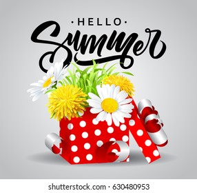 Inscription Summer on background with summer flowers