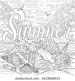 Inscription Summer on the background of sea shells on the beach.Coloring book antistress for children and adults. Illustration isolated on white background.Zen-tangle style. Hand draw