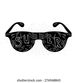 The inscription summer on the background of sunglasses. Creative graphic message for your design. Vector illustration.