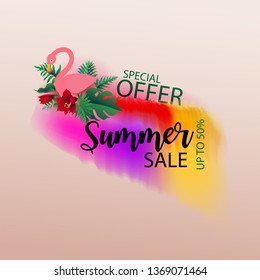 The inscription Summer sale in watercolor with pink flamingo and tropical plant background. Web banner or poster for e-commerce, online shop, fashion & beauty shop, store