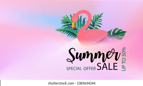 The inscription Summer sale in watercolor with pink flamingo and tropical plant background. Web banner or poster for e-commerce, online shop, fashion & beauty shop, store