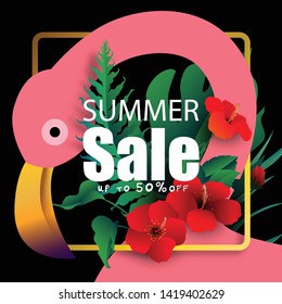 The inscription Summer sale in watercolor with pink flamingo and tropical plant background. Web banner or poster for e-commerce, online shop, fashion & beauty shop, store.