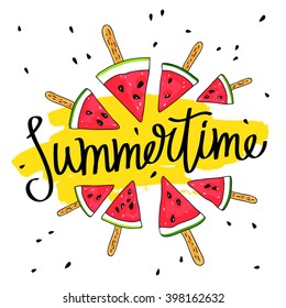 Inscription Summer surrounded by watermelon slices on a stick. Great summer gift card. Vector illustration on white background. Fashionable calligraphy. A smear of yellow ink.