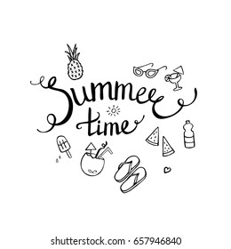 Inscription Summer time with beach stuff, vector hand drawn lettering for cards, posters, banners or print.