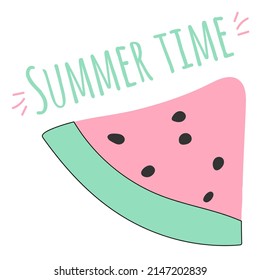 The inscription Summer time on the background of watermelon slices. Elements for summer holidays. Summer label, hand-drawn logo. Vector illustration.