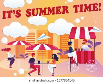 Inscription its Summer Time Vector Illustration. Summer Playground Restaurant Patio. Men and Women Sit in Cafe at Tables Under Sun Umbrellas and Drink. Cartoon Flat. Beautiful View.