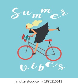 The inscription summer vibes and a blonde girl in a black dress who rides a bicycle with a bouquet of flowers 