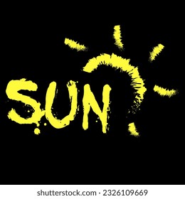 The inscription Sun with a picture. A bright word written in pencil on a black background. Juicy modern inscription. Stylish font typography. Quote on postcards, invitations.