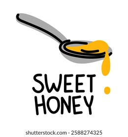 inscription Sweet honey with the image of spoonful of honey. The natural sweetness and purity of honey. It is ideal for packaging food, healthy lifestyle products or environmentally friendly products.