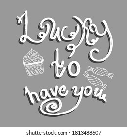 The inscription sweet life with cupcake, candy and Lollipop is isolated. White outline on a colored background. Vector illustration in a simple hand-drawn style. The logo on the cards with the