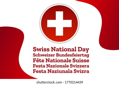 Inscription Swiss National Day in German, French, Italian, Romansh, English. Holiday concept. Template for background, banner, card, poster with text inscription. Vector EPS10 illustration