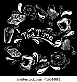 inscription tea time in the center of the frame of the tea cups, tea bags, donuts, croissants, sugar stick and splashing in retro style