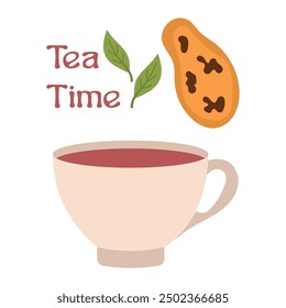 Inscription Tea time, cup with tea and cookies with chocolate. Vector illustration of tea leaf and tea utensils