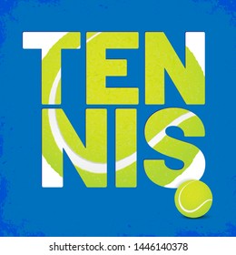 Inscription TENNIS with tennis ball structure on blue background - vector illustration