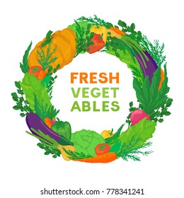 Inscription, text, message composition in frame: fresh vegetables. Vector design illustration isolated from white. Health eating, farm, eco, organic food label, ad, advertisement.