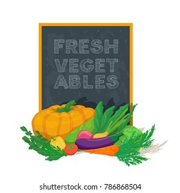 Inscription, text, message composition in frame: fresh vegetables. Vector design illustration isolated from white. Health eating, farm, eco, organic food label, ad, advertisement.