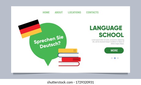 Inscription that means Do you speak German? FRG flag and books for studing. Education concept. Template for website, landing page of language school. Flat vector illustration.