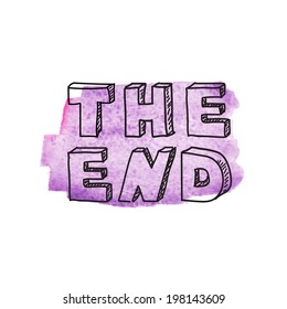 Inscription "The end" on purple watercolor background