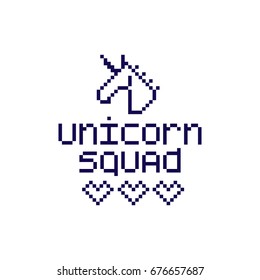 The inscription "Unicorn squad" and abstract unicorn head in the simple eight bit style. It can be used for sticker, patch, phone case, poster, t-shirt, mug etc.