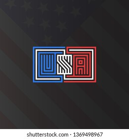 Inscription USA monogram, national American flag colors poster mockup, weaving lines style maze effect, patriotic symbol