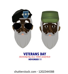 Inscription Veterans day. Honoring all who served with an image of a veteran of the USA with a gray beard
