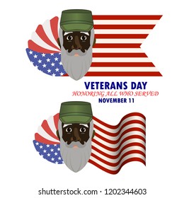 Inscription Veterans day. Honoring all who served with an image of a veteran of the USA with a gray beard