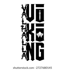 Inscription is Viking and Valhalla. Vector image of a helmet and sword. Symbols of the warrior. Norman style. Illustrations for t shirt print. Nordic black tattoo. Drawing for design.