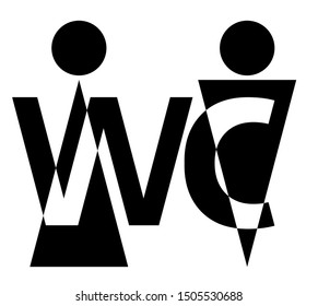 Inscription wc with silhouettes of female and male figure for a toilet door, black and white design.