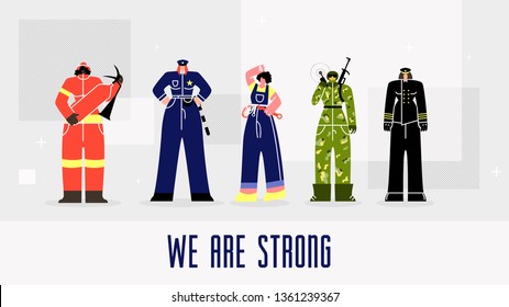 Inscription We are Strong Vector Illustration. Feminist Women Work in Male Professions. In Foreground Woman: Fireman, Policeman, an Electrician, Military Infantryman, Navy, Cartoon.