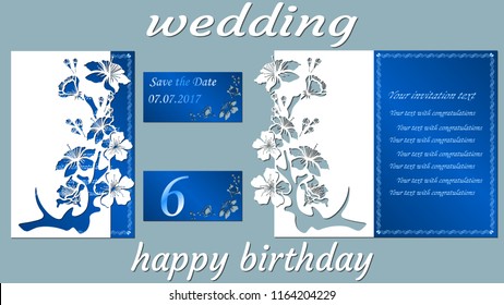 Inscription - wedding, happy birthday. Branch sakura. Laser cutting. Greeting card with flowers sakura. Vector illustration. cherry
