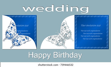 Inscription - wedding, happy birthday. Invitation and greeting card with abstract butterfly. Vector illustration Postcard. Invitation and greeting card. Pattern for the laser cut.