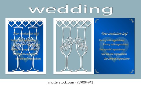 Inscription - wedding. wine glass, flowers, Rings, vector, illustration, laser cut, heart, card, template