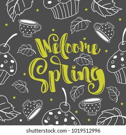 Inscription Welcome Spring on background with spring flowers and leaves.