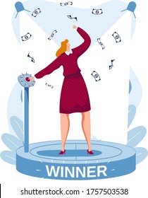 inscription winner, successful profitable business, happy rich girl, successful woman leader, cartoon style vector illustration. Isolated on white, cash prize, lot dollars fall from top, valuable win,