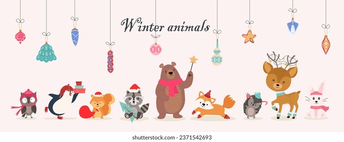 Inscription winter animals. Christmas characters - animals, bear, raccoon, squirrel, hedgehog, fox, owl, hare, penguin. New Year's balls. Vector illustration.