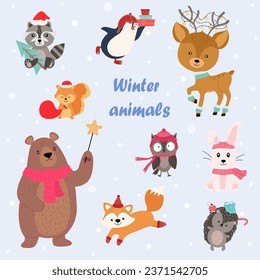 Inscription winter animals. Christmas characters - animals, bear, raccoon, squirrel, hedgehog, fox, owl, hare, penguin. New Year's balls. Vector illustration.