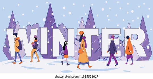 The inscription winter on the background of snow-covered trees and walking people in winter clothes. Winter vector illustration.