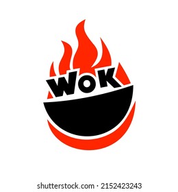 The Inscription Wok, Plate And Fire. Wok Asian Cuisine Logo For Thai Or Chinese Restaurant. Vector Illustration.